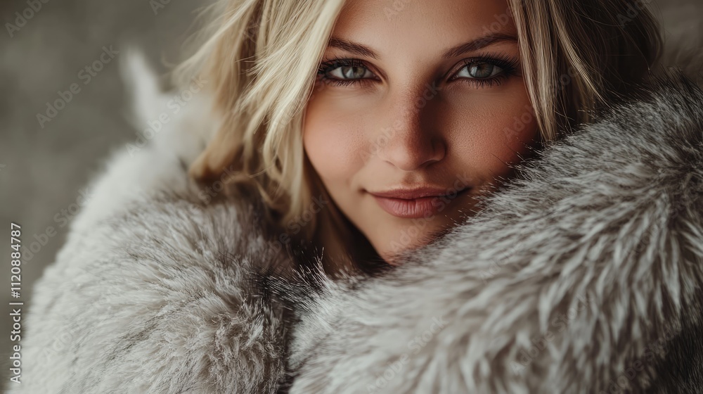 Glamorous blonde woman with captivating eyes elegantly draped in luxurious fur coat close-up portrait Glamorous blonde woman with captivating eyes elegantly draped in luxurious fur coat close-up portrait