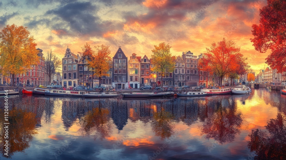 A picturesque sunset over a canal lined with historic buildings and autumn trees.