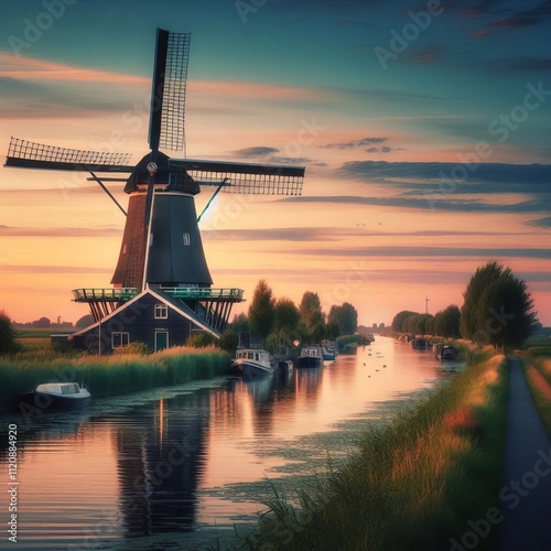 Windmill on a Dutch Canal An iconic windmill stands beside a cal