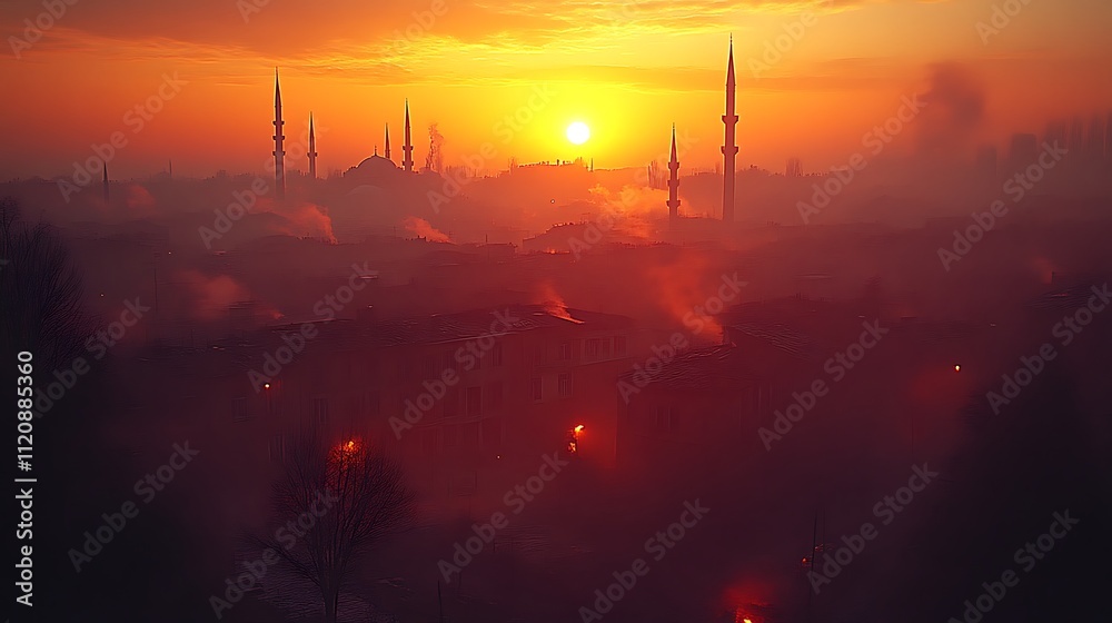 Sunset over a foggy city with mosque minarets Sunset over a foggy city with mosque minarets