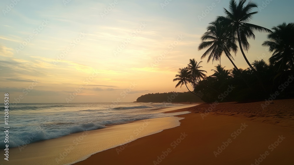Serene sunset over tropical beach with palm trees. Serene sunset over tropical beach with palm trees.
