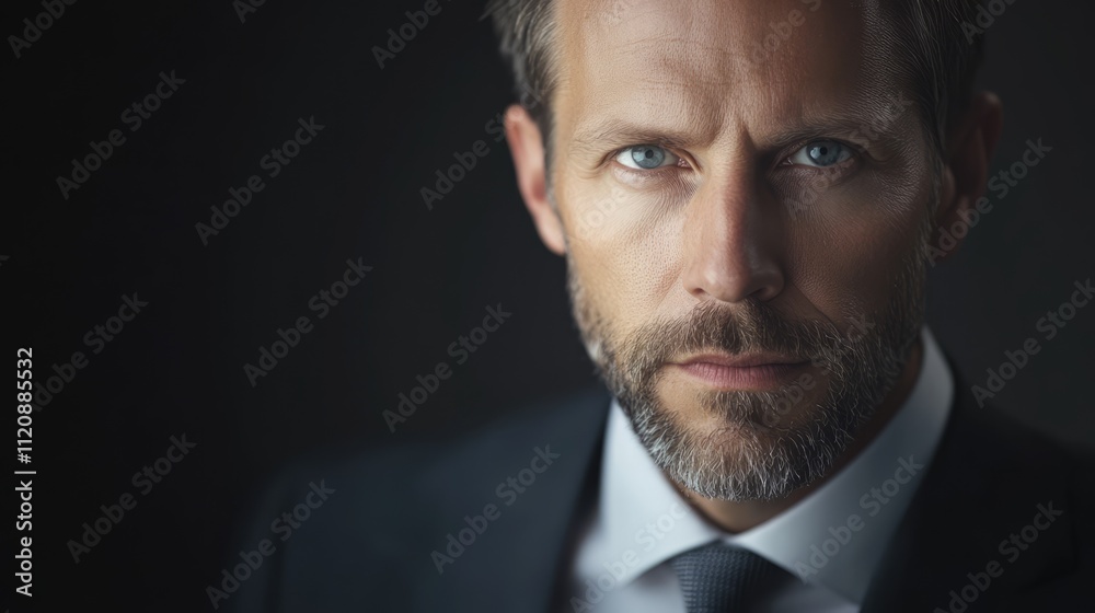Professional studio portrait of a serious businessman with a well-groomed beard, intense blue eyes, dressed in a formal suit, dramatic lighting, headshot, corporate, executive. Professional studio portrait of a serious businessman with a well-groomed beard, intense blue eyes, dressed in a formal suit, dramatic lighting, headshot, corporate, executive.