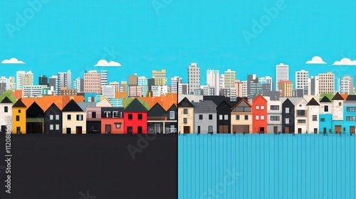 A divided cityscape showing a wealthy district and a slum separated by a wall.