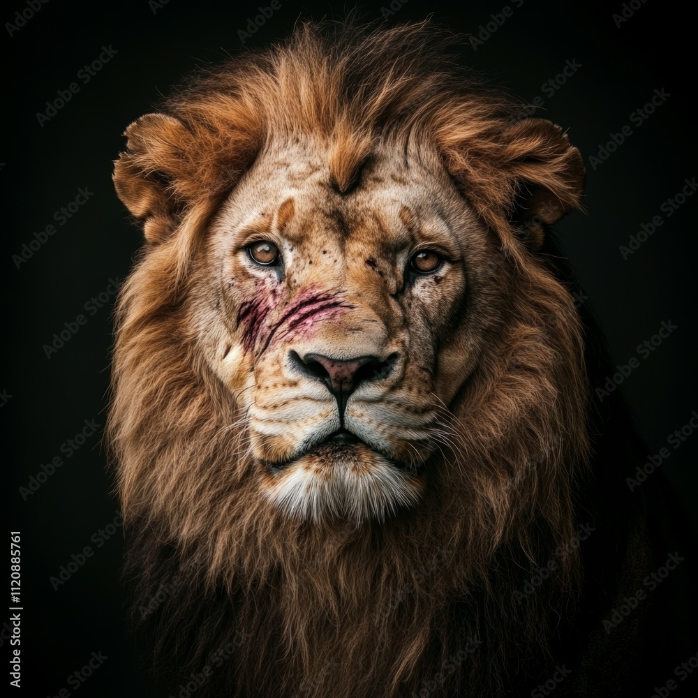 Fototapeta premium Majestic Lion with Battle Scars Staring Intently