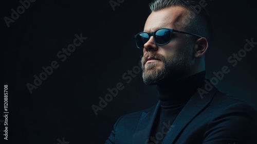 Stylish man in sunglasses wearing a black turtleneck suit posed dramatically against a dark background for a sophisticated look.