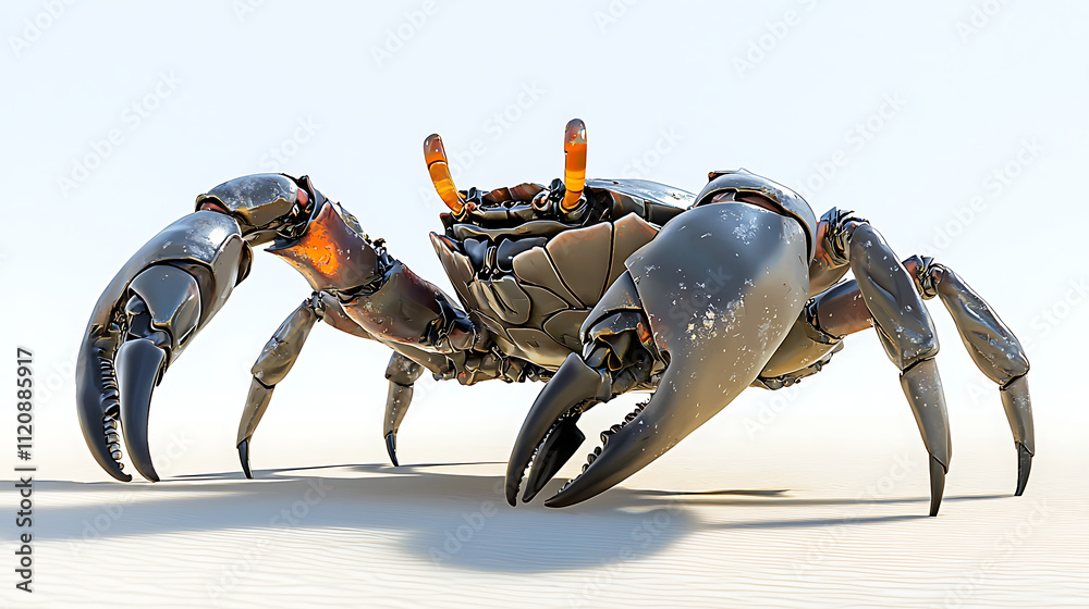 Fototapeta premium A crab with orange eyes and orange claws is standing on a white background