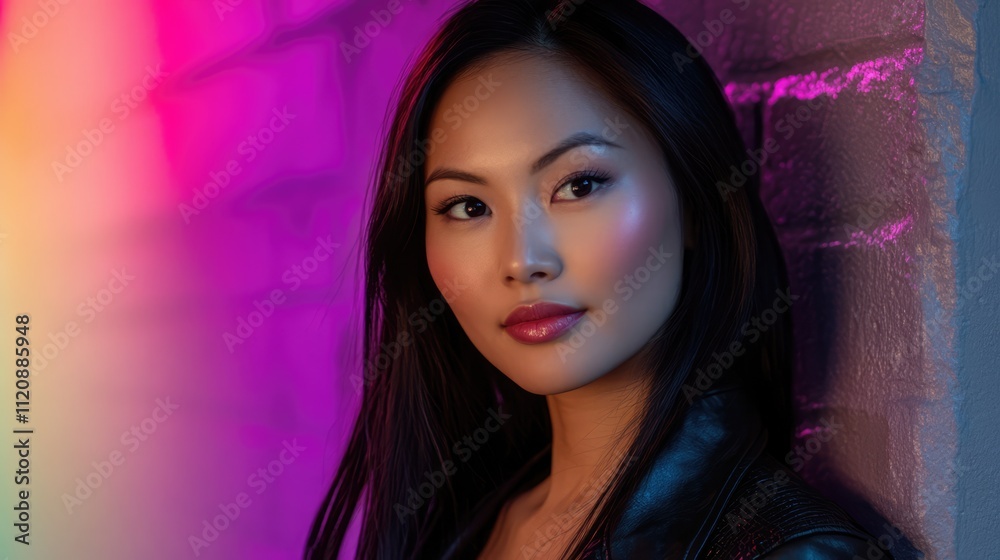 Portrait of an Asian woman with long hair illuminated in vibrant multi-colored lighting against a textured wall backdrop Portrait of an Asian woman with long hair illuminated in vibrant multi-colored lighting against a textured wall backdrop