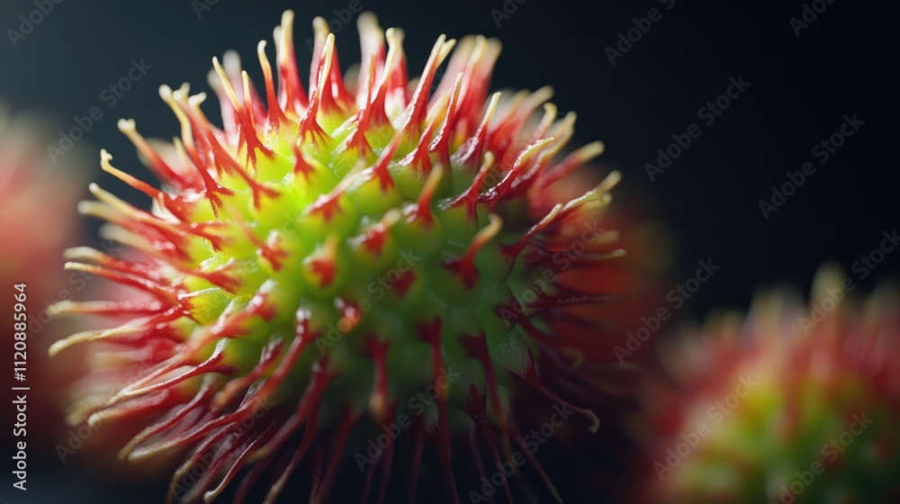 Rambutan tropical fruit with vibrant red spines showcasing its fresh and sweet appeal against a dark background Rambutan tropical fruit with vibrant red spines showcasing its fresh and sweet appeal against a dark background