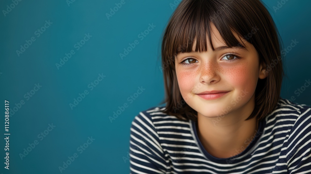 Happy preteen girl with short dark hair wearing a striped shirt, smiling and gazing away from the camera, set against a solid blue studio backdrop, portrait, children, happiness, studio photography. Happy preteen girl with short dark hair wearing a striped shirt, smiling and gazing away from the camera, set against a solid blue studio backdrop, portrait, children, happiness, studio photography.