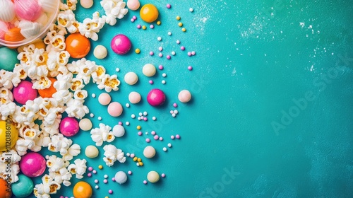 Colorful Treats of Popcorn and Candy on a Vibrant Blue Surface