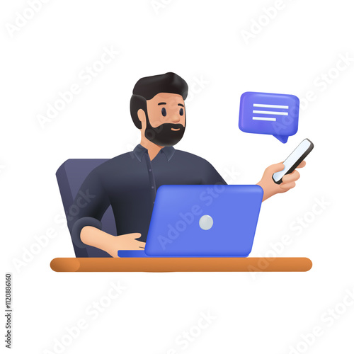 Young person sitting at table, using laptop, looking at smartphone, receiving message 3D. Working online, freelancing, internet browsing concept. Cartoon style character. 3D Vector illustration