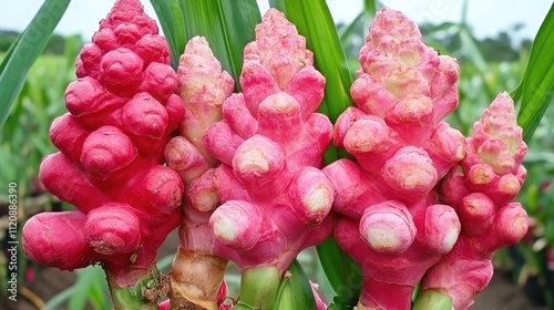 Vibrant Red Ginger Zingiber officinale Roscoe in Bloom Showcasing Beautiful Flowers in a Lush Garden Setting photo