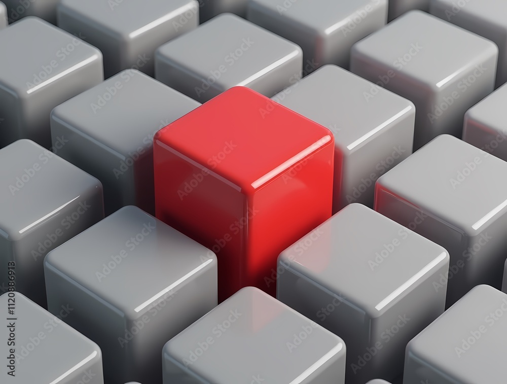 Fototapeta premium Red cube surrounded by gray cubes, 3D rendering