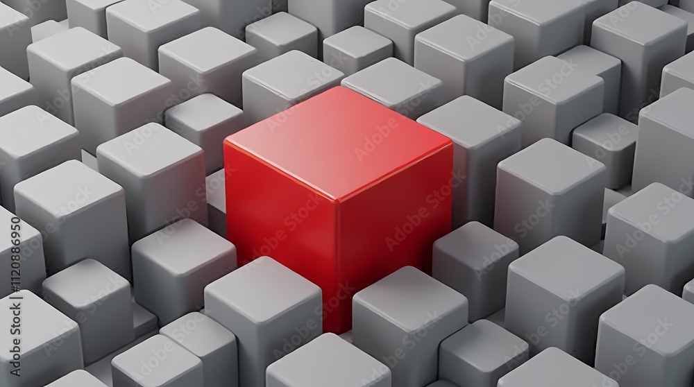 Red cube surrounded by gray cubes, 3D rendering Red cube surrounded by gray cubes, 3D rendering