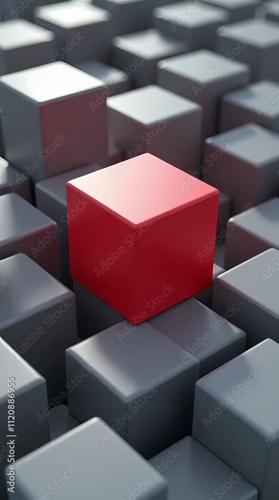 Red cube surrounded by gray cubes, 3D rendering Red cube surrounded by gray cubes, 3D rendering