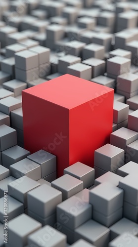 Red cube surrounded by gray cubes, 3D rendering