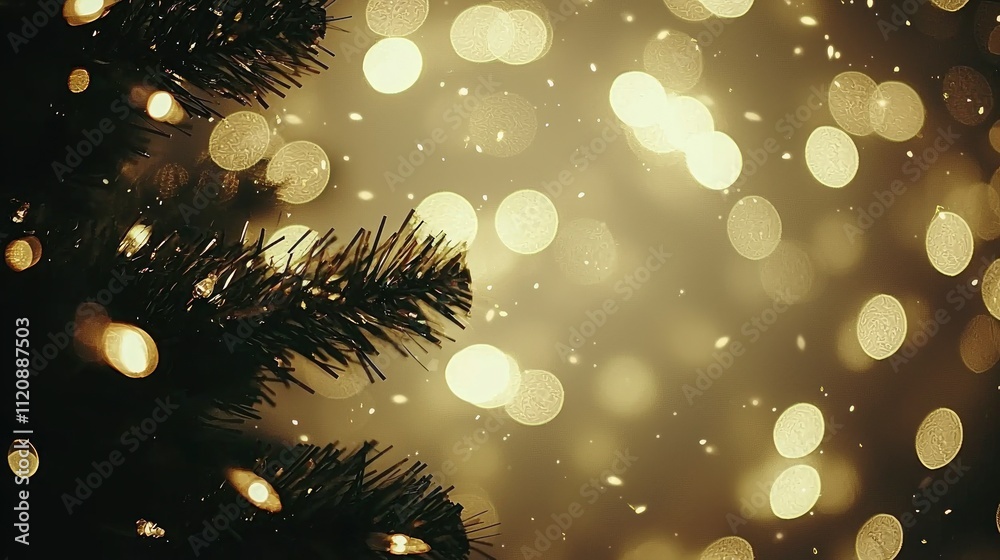 Fototapeta premium Golden Christmas Lights and Pine Branch Bokeh Background