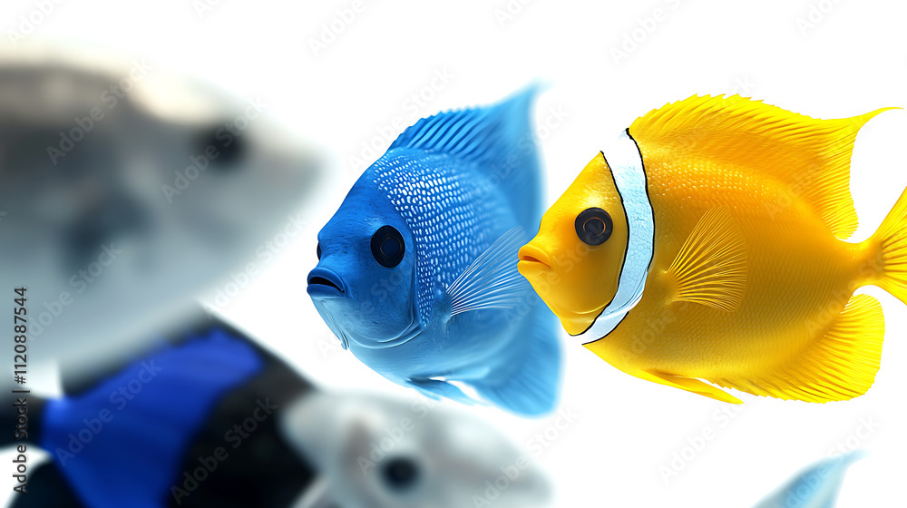 Naklejka premium Two fish, one blue and one yellow, swimming in a tank