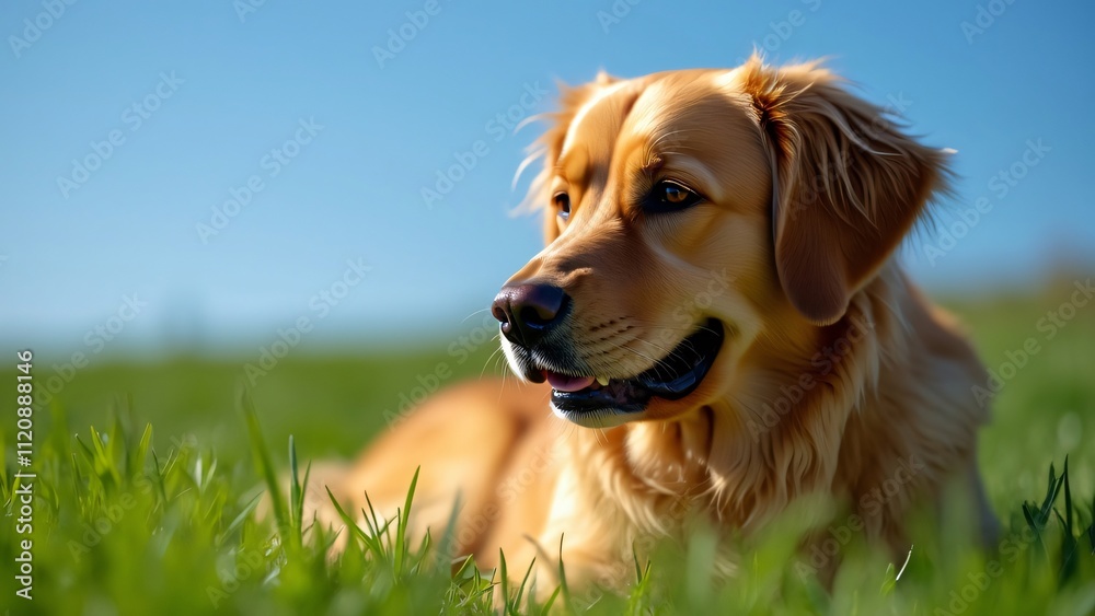 Elegant Golden Retriever in Sunlight, Lush Green Grass Elegant Golden Retriever in Sunlight, Lush Green Grass