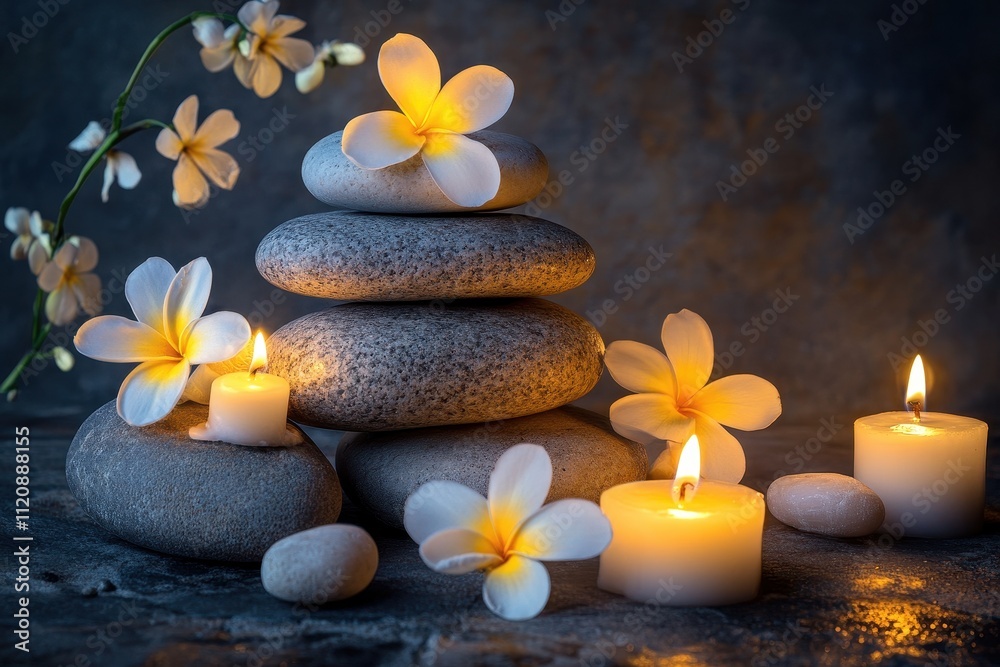 Serene spa scene: stacked stones, candles, & plumeria. Perfect for relaxation, wellness, and meditation themes. Serene spa scene: stacked stones, candles, & plumeria. Perfect for relaxation, wellness, and meditation themes.