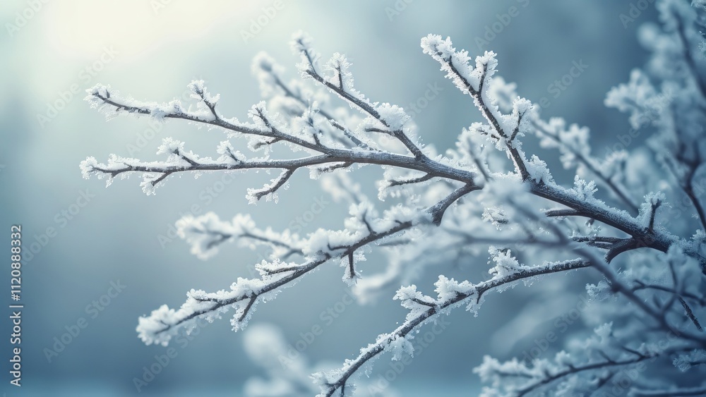 Enchanted Winter, Close-up of Frost-Covered Branches Against a Clear Blue Sky Enchanted Winter, Close-up of Frost-Covered Branches Against a Clear Blue Sky