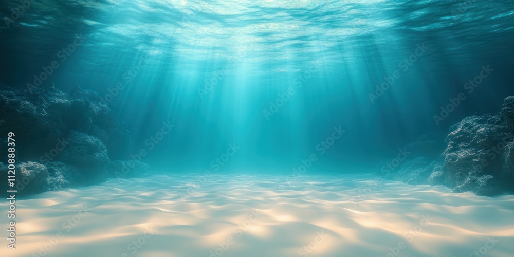 Underwater Scene with Tropical Ocean Sand and Sunlight Creating Ripples in the Calm Sea Water Underwater Scene with Tropical Ocean Sand and Sunlight Creating Ripples in the Calm Sea Water
