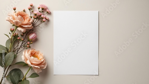 Wallpaper Mural Minimalist Neutral Wedding Invitation Mockup, Blank White Card with Peach Roses and Pink Flowers Torontodigital.ca