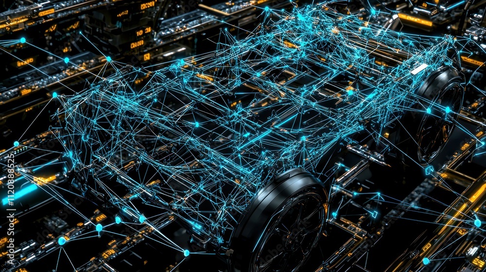 Fototapeta premium A digital representation of a car's structure with interconnected lines and nodes.
