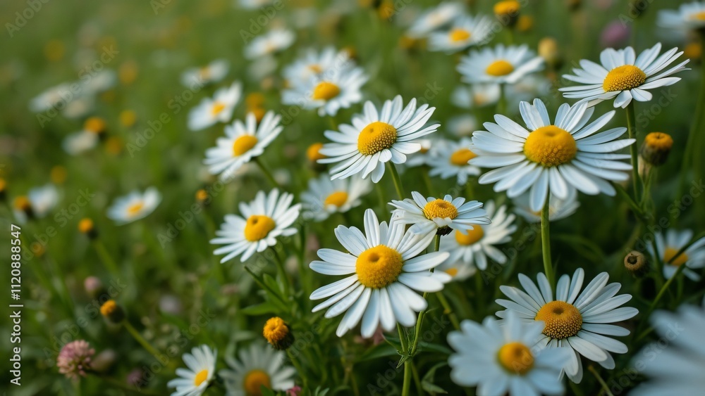 Vibrant White Daisies in a Sunny Field, Close-Up Macro Photography of Delicate Wildflowers Blooming Near Forest Edge Vibrant White Daisies in a Sunny Field, Close-Up Macro Photography of Delicate Wildflowers Blooming Near Forest Edge