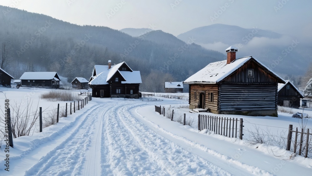 Snowy Polish Village, Winter Wonderland in Nocna Gola with Cross-Country Skiing Track Snowy Polish Village, Winter Wonderland in Nocna Gola with Cross-Country Skiing Track