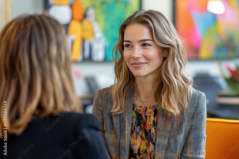 Female leader mentoring young colleague in vibrant office setting Female leader mentoring young colleague in vibrant office setting