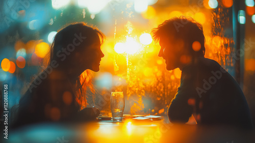 A man and woman are sitting at a table with a glass in front of them. The man is smiling and the woman is looking at him. Scene is romantic and intimate