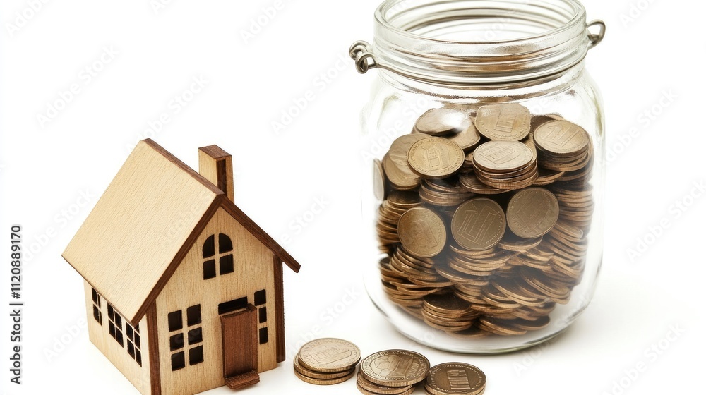 Wooden House Model Next to Jar Filled with Coins on White Background Wooden House Model Next to Jar Filled with Coins on White Background