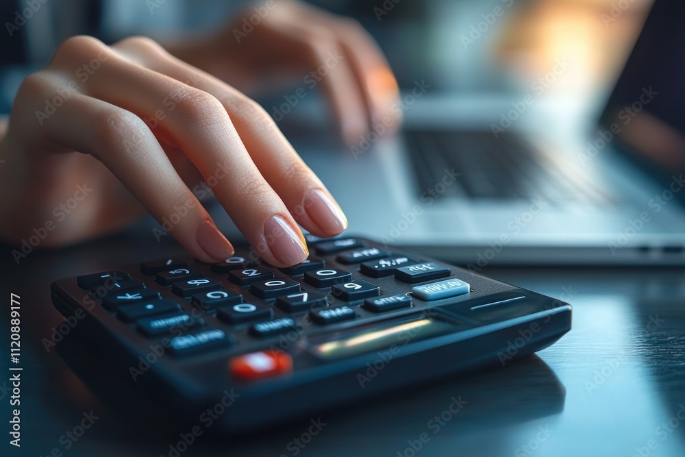 Business Woman Using Calculator for Financial Report and Budget Management with Laptop Background Business Woman Using Calculator for Financial Report and Budget Management with Laptop Background