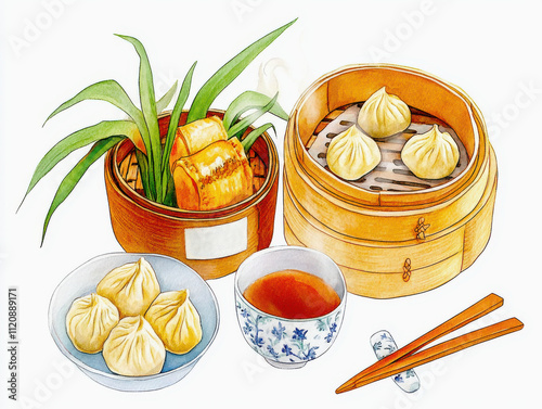 Chinese new year watercolor concept. Delicious dumplings served with tea, perfect for a cozy meal or gathering.