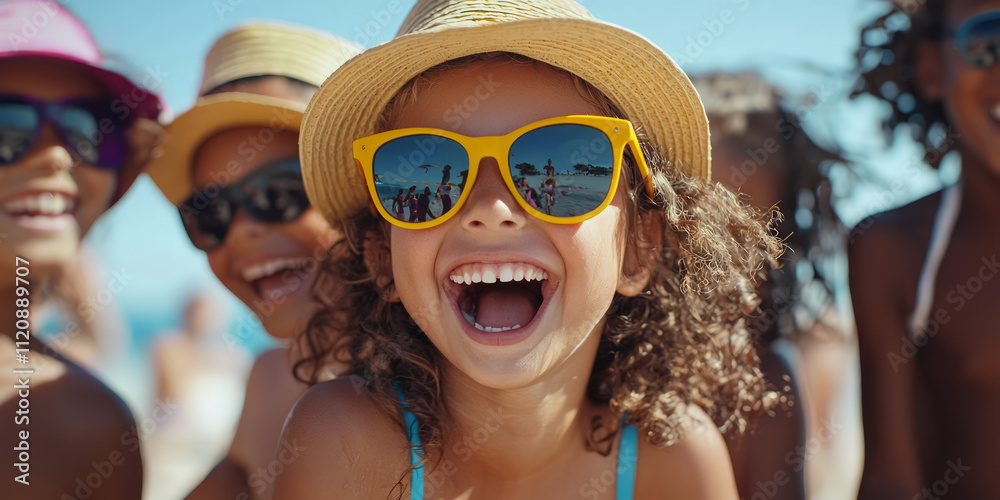 A group of happy children wearing sunglasses and hats, laughing at the beach, generative AI