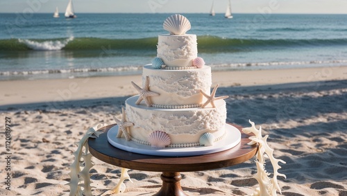 Coastal wedding cake with seashells on beach backdrop photo