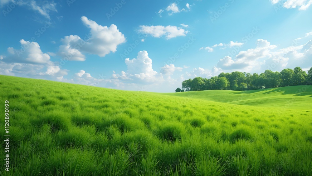 Serene Green Meadow Landscape, Rolling Hills, Blue Sky, White Clouds, Lush Grass, and Distant Trees Serene Green Meadow Landscape, Rolling Hills, Blue Sky, White Clouds, Lush Grass, and Distant Trees