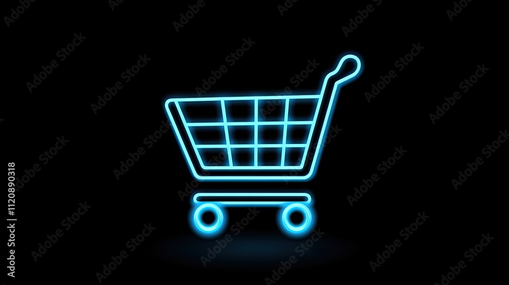 Neon Shopping Cart Icon on Black Background for E-commerce Use Neon Shopping Cart Icon on Black Background for E-commerce Use