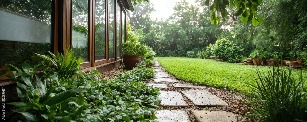 Obraz premium Tranquil Monday Morning: Serene Garden View with Morning Dew