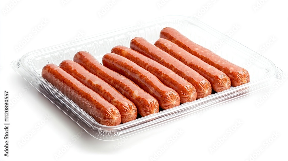 Eight cooked sausages in a clear plastic tray, isolated on white. Eight cooked sausages in a clear plastic tray, isolated on white.