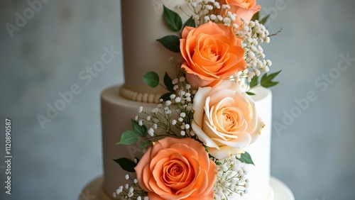 Elegant Three-Tier Wedding Cake with Cascading Orange and White Roses, Baby's Breath, and Delicate Floral Accents, A Stunning Pastel and Vibrant Color Contrast