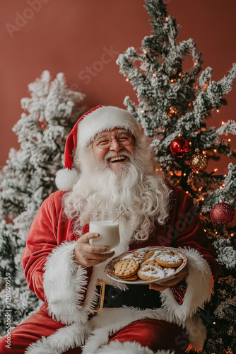 Santa Claus laughing heartily while holding a plate of cookies and a glass of milk near a decorated Christmas tree 