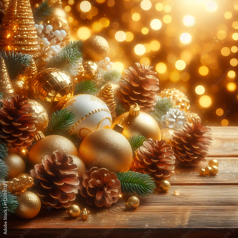 a christmas display with gold and silver ornaments and pine cones2 a christmas display with gold and silver ornaments and pine cones2
