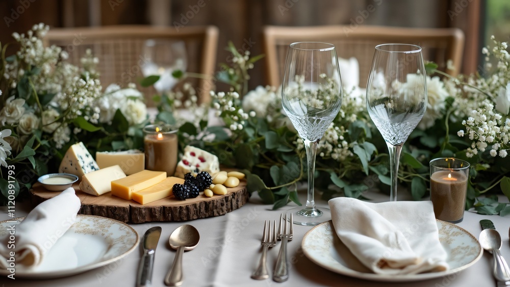 Elegant Wedding Table Setting, Rustic Greenery, White Flowers, Cheese Board & Candles Elegant Wedding Table Setting, Rustic Greenery, White Flowers, Cheese Board & Candles