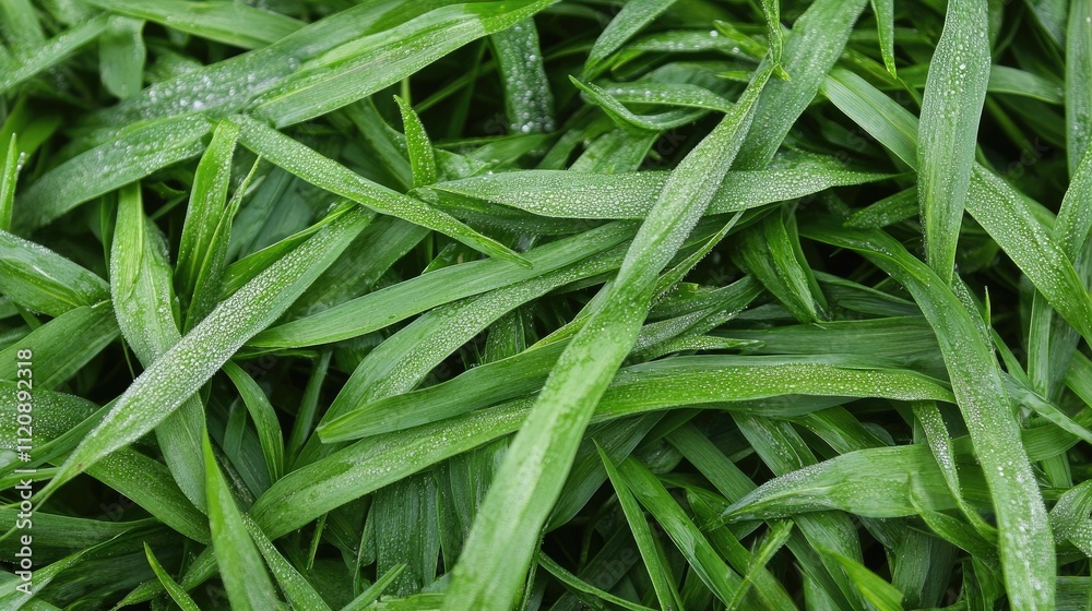 Fresh Green Grass Blades with Morning Dew Drops in Nature Setting Fresh Green Grass Blades with Morning Dew Drops in Nature Setting