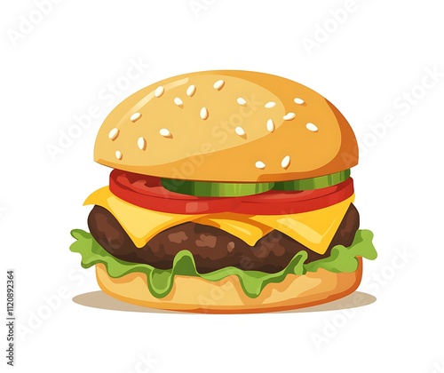 A perfectly crafted hamburger featuring fresh lettuce, thick tomato slices, and creamy melted cheese, shown on a white background