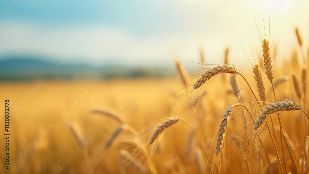 Fototapeta premium Golden Wheat Field at Sunset, Close-Up of Ripe Ears of Grain in a Tranquil Landscape Photography