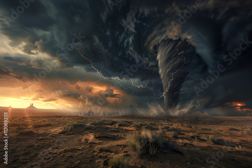 Twister Terror: A Powerful Display of Desert Storm with Lightning and Tornado photo