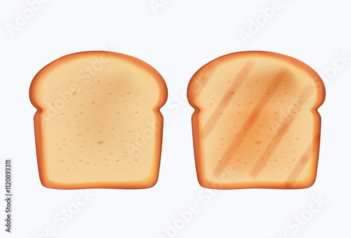 Set of slices toast bread 3D illustration isolated on white background. Toast Bread slices, Pieces of lightly toasted white bread. Round yeasted, sourdough bread. 3D Vector realistic cartoon icon